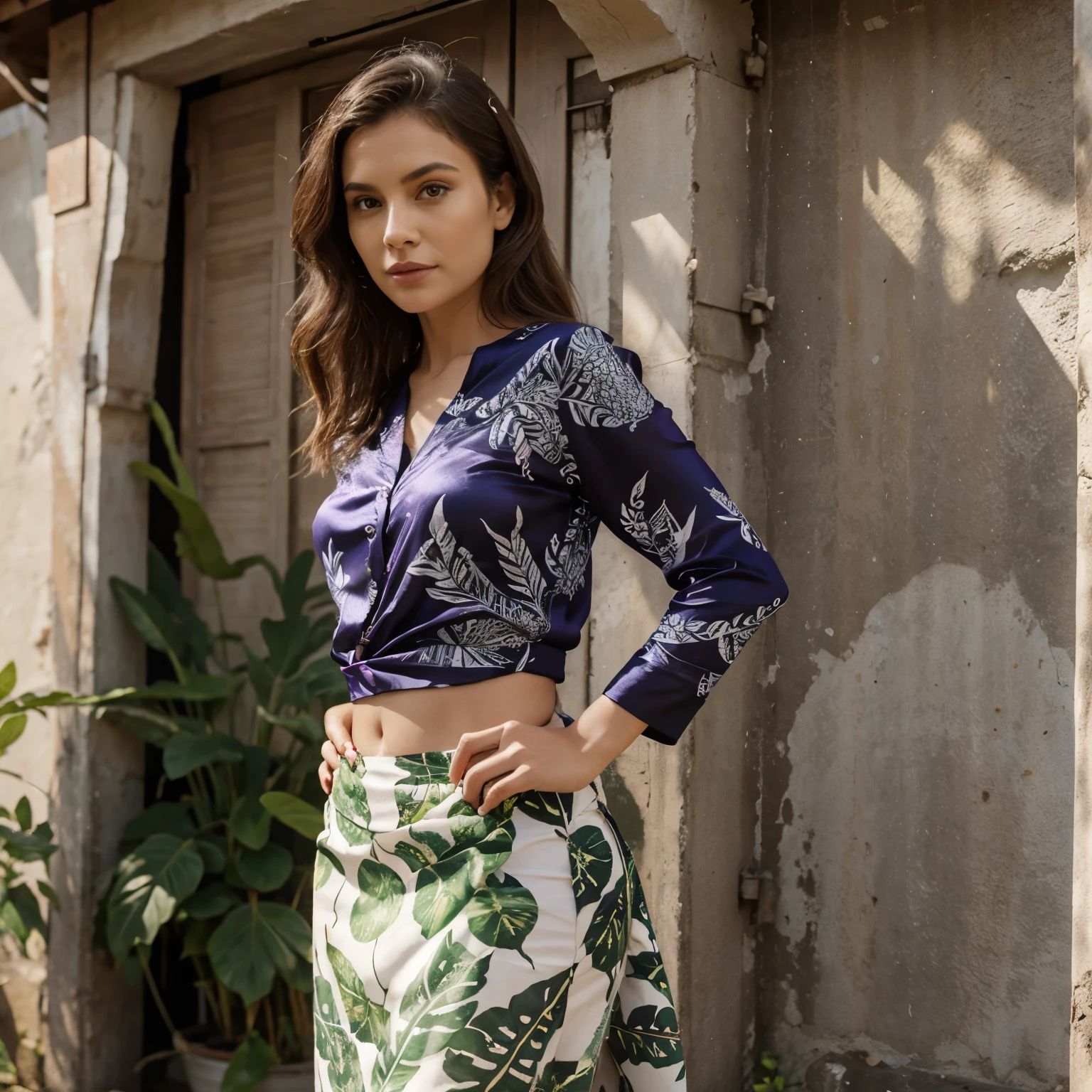 Designing women's clothes with silk printed natural fibers with leaf design