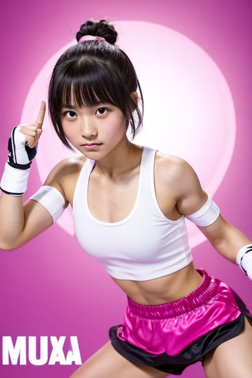 -yeld Jaese female mixed martial artist. She is a small and weak fighter who lacks physical strength and talent for fighting. She has a strong spirit and never complains. Her body is muscular and toned. She has a short haircut and a very cute face (similar to Yuna Kuroshima, with determined eyes). Her ring costume consists of a white top (with the word 'MAI' in pink) and shorts, with pink edges, elbow and knee pads, and open-finger gloves.