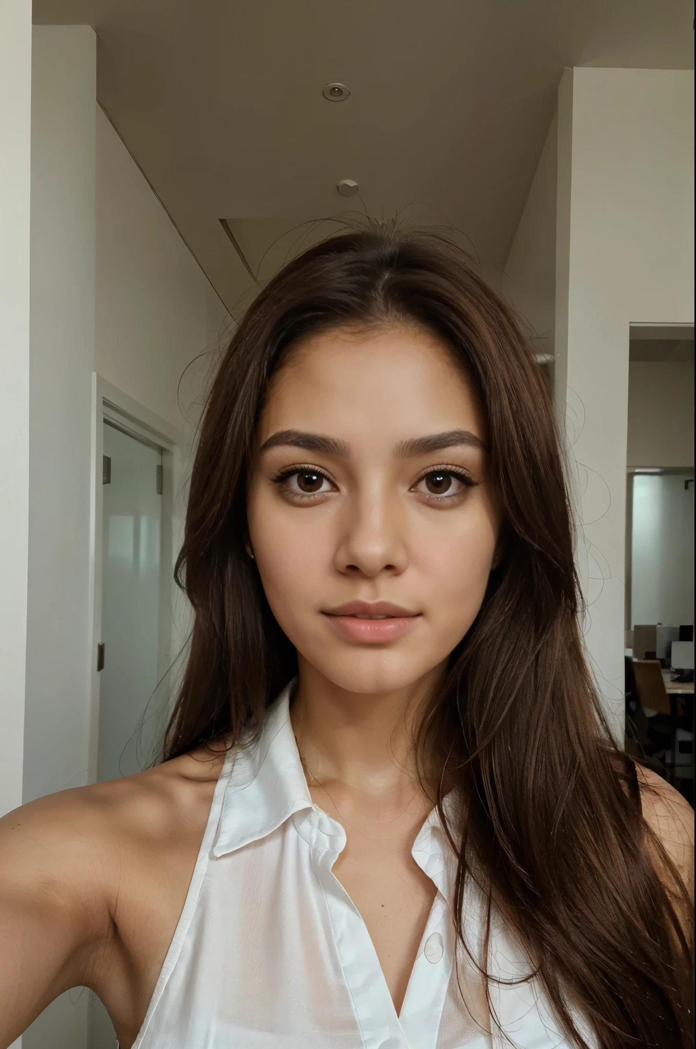 selfie of a Latino business woman, wearing office dress, selfie of girl while, medium hairs, brown eyes, brown hairs, realistic skin texture, realistic photography