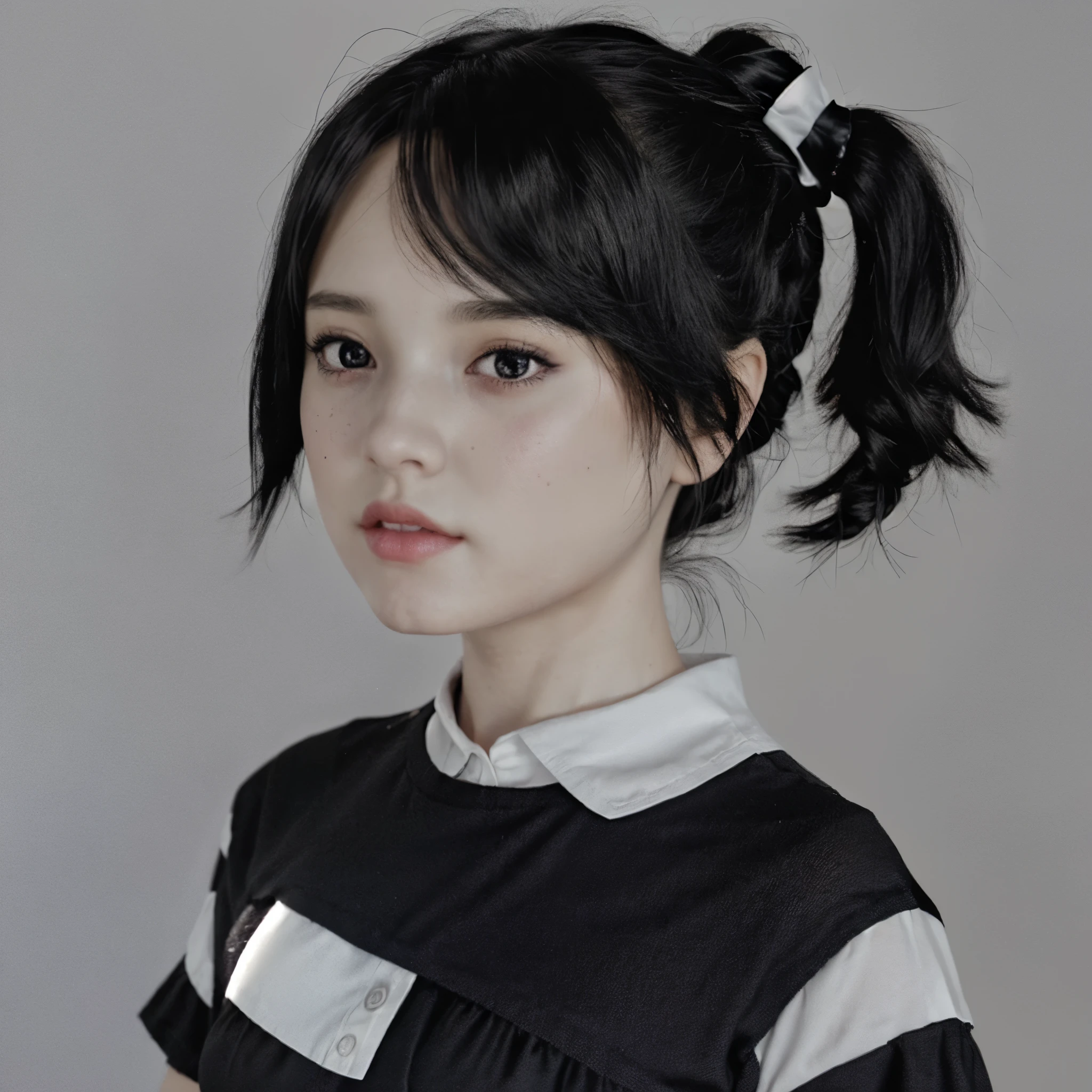 there is a woman with a black dress and a black and white shirt, wednesday addams, hyperrealistic schoolgirl, render of a cute 3d anime girl, inspired by Sim Sa-jeong, photorealistic anime girl render, realistic schoolgirl, render of april, as wednesday addams, pouty look :: octane render, a hyperrealistic schoolgirl, with black pigtails
