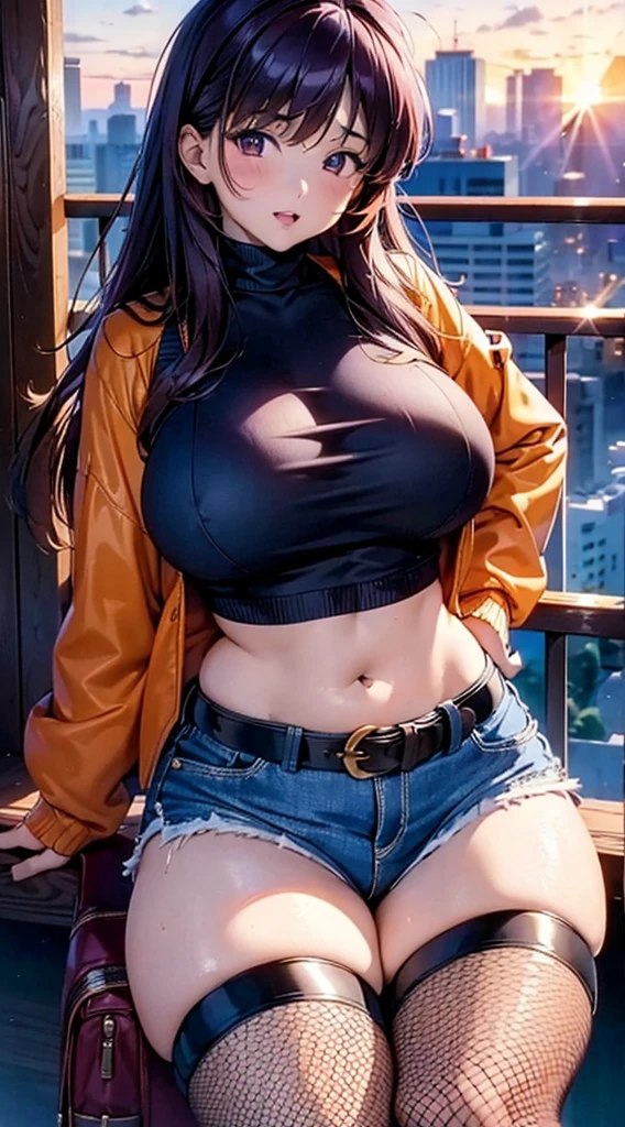 1990s anime, (masterpiece), high-definition, orgasm face, korean girl, big , big hips, messy dark purple hair, orange eyes, crop top sweater, jacket, shorts, belt, thong, thigh high stockings, boots, fishnet, balcony, leaning on the railing, messenger bag, sunset