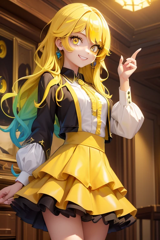 (masterpiece, exquisite beautiful eyes: 1.5), masterpiece ,1 girl,cute girl,(yellow eyes:1.5),small breasts,Formal Clothing ,grin、(layered,rainbow hair)