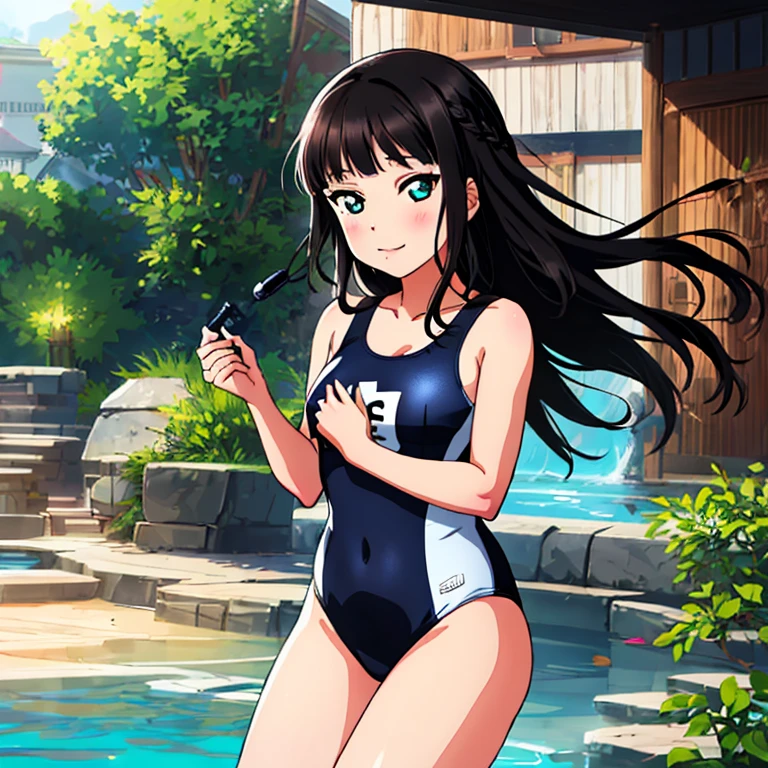 best quality, very aesthetic, Super detailed, best illustration, 1girl, one-piece swimsuit, black_hair, long_hair, dia kurosawa