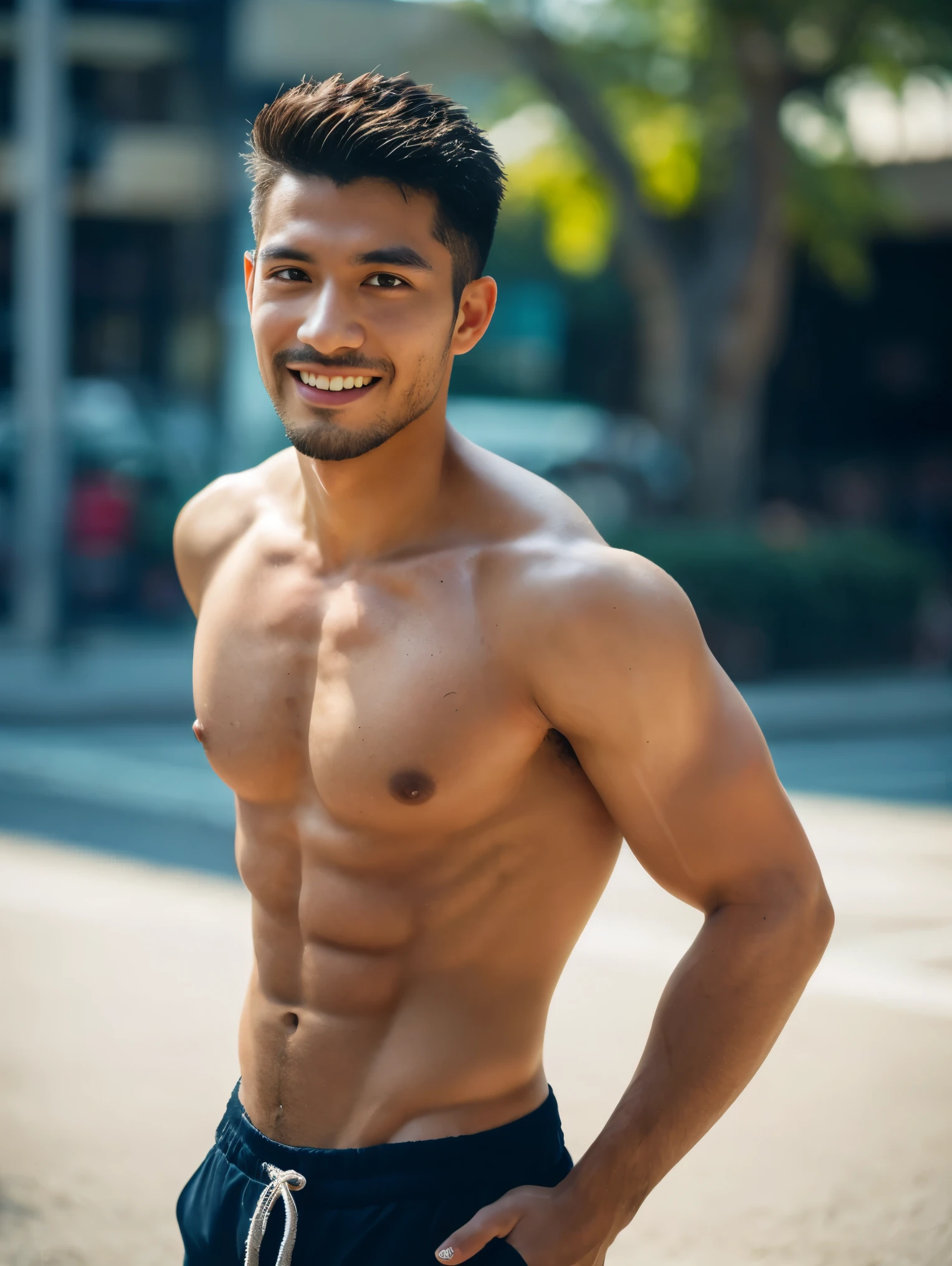 (8K, RAW photo, Highest quality), Realistic, portrait of Malay man, Malaysian, Native exotic Malay look, frontage, Intricate details, Perfectly proportioned average muscular body, Smooth tanned skin, Shirtless, Detailed face, Strong face, Handsome, Perfect eyes, Short hair, Nice smile with dimple, Ray tracing, Anatomically correct, Manly looks, Male focus, Masculine, Average body, Nice body shape, Nice chest, Nice nipple, Exposing abs, Exposing chest, Sweat body, Sweat face, Dramatic lighting, Soft details, Outdoor, Portrait, Close-up, Facing to the camera, Award-winning photography, Half body portrait photograph shot with Kodak Portra 800, a Hasselblad 500C, 55mm f/ 1.8 lens, extreme depth of field, available light, high contrast, Ultra HD, DTM (Strictly facing to the camera, and highlight image from his waist to the top of his body)