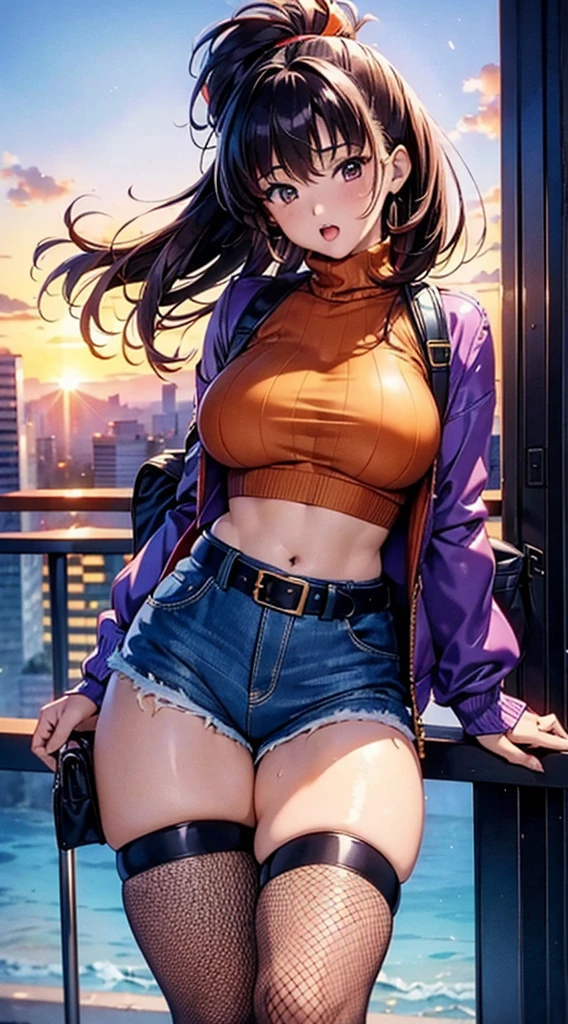 1990s anime, (masterpiece), high-definition, orgasm face, korean girl, big , big hips, messy dark purple hair, orange eyes, crop top sweater, jacket, shorts, belt, thong, thigh high stockings, boots, fishnet, balcony, leaning on the railing, sunset