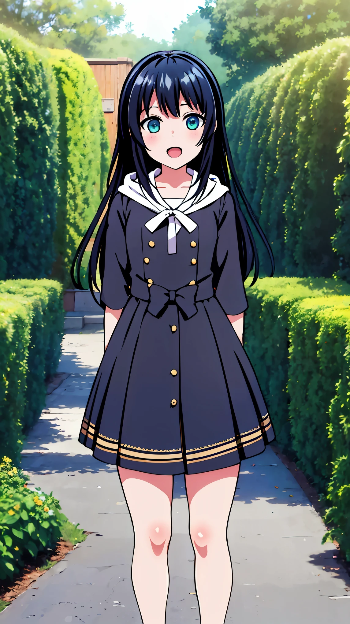 ((masterpiece, best quality, high quality)) flowers, shiny pillars, shiny butterflies, magical shiny garden, 1girl, solo, looking at the viewer, happy open mouth, black bear hoody, , toddl, green eyes, falling flowerpetals, standing Rinko, standing 