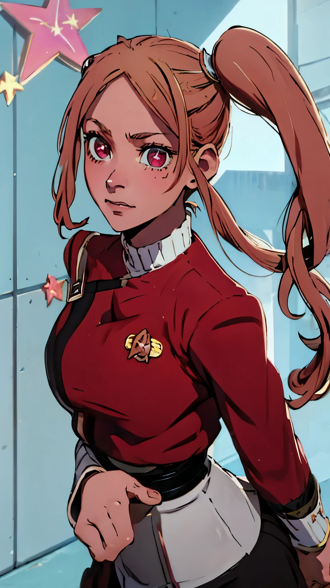  1girl, solo, Hoshino Ruby, saymbol-shaped pupils, (left star-shaped pupils:1.2), sparkling eyes, (star in left eye:1.2), symbol in eye, red eyes, long hair, blonde hair, , (side ponytail:1.1),  twokunf uniform