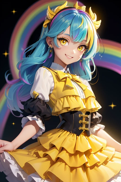 (masterpiece, exquisite beautiful eyes: 1.5), masterpiece ,1 girl,cute girl,(yellow eyes:1.5),small breasts,rainbow Formal Clothing ,grin、(layered,rainbow hair)