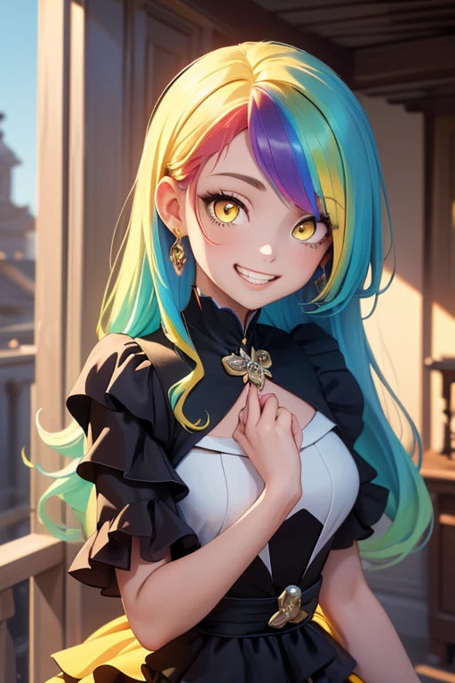 (masterpiece, exquisite beautiful eyes: 1.5), masterpiece ,1 girl,cute girl,(yellow eyes:1.5),small breasts,rainbow Formal Clothing ,grin、(layered,rainbow hair)
