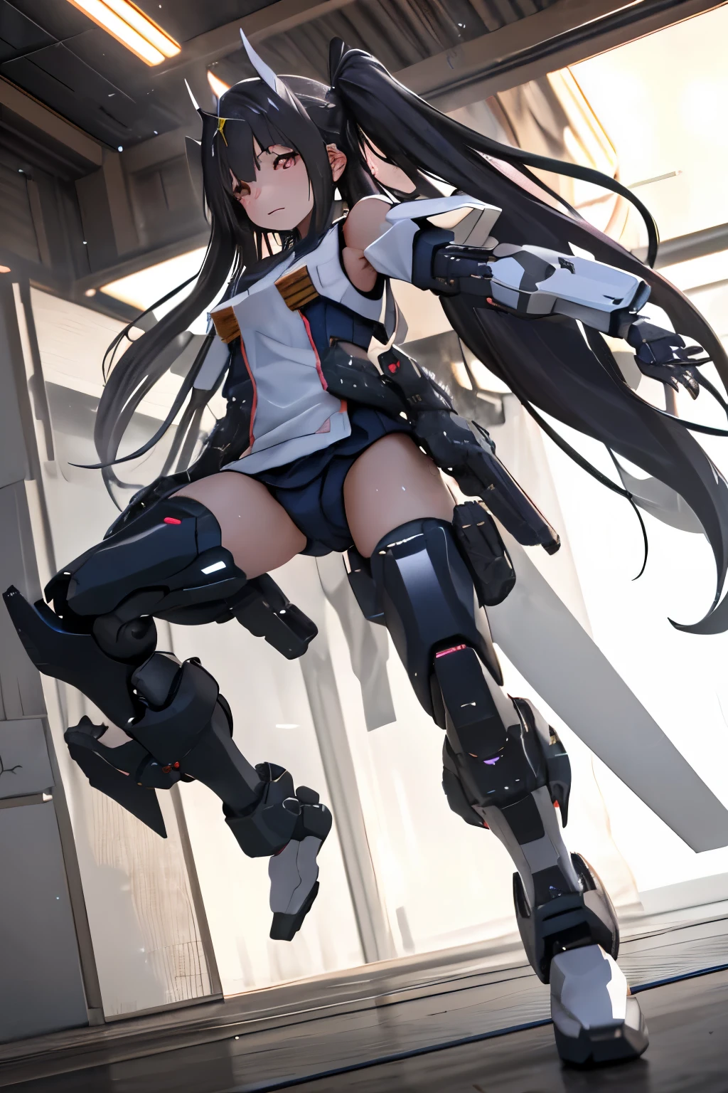 (highest quality)), ((masterpiece)), (very detailed: 1.3), 3D, {(1  girl)}, (wear navy buruma and white gym uniform with colored hem under armor:1.2), (black hair:1.5), (She is fused with futuristic Gundam mecha:1.2), with headgear, with v-fin , armored shoulders,armored under arms, armored under legs, short sleeve, attached 2 huge weapons on back, legs mounted weapon module, multilayer textureperfect proportions, octane rendering, duotone lighting, Low ISO, wide aperture, White balance, Rule of thirds, ultra HD16k, HDR (High Dynamic Range), Ray Tracing, NVIDIA RTX, Super Resolution, Subsurface Scattering, PBR Texturing, Post Processing, Anisotropic Filtering, Depth of Field, Maximum Clarity and Clarity, High efficiency subpixel, subpixel convolution, particles of light, light scattered, Tyndall effect, full body:1.5, battle pose, cute, (cute:1.2), (long hair:1.3),太い眉毛, 薄い色の虹彩, 大きくて輝いている黒い瞳, 長いまつげ, 小さく薄い色の自然な唇, (Average face of Japanese idols), (日本人特有の童顔:1.3), (baby おでこ:1.2, ふっくらした頬, 小さな顎, in the hangar,looking at viewer,Focus on the eyes , (完璧な4本の指, 親指1本),