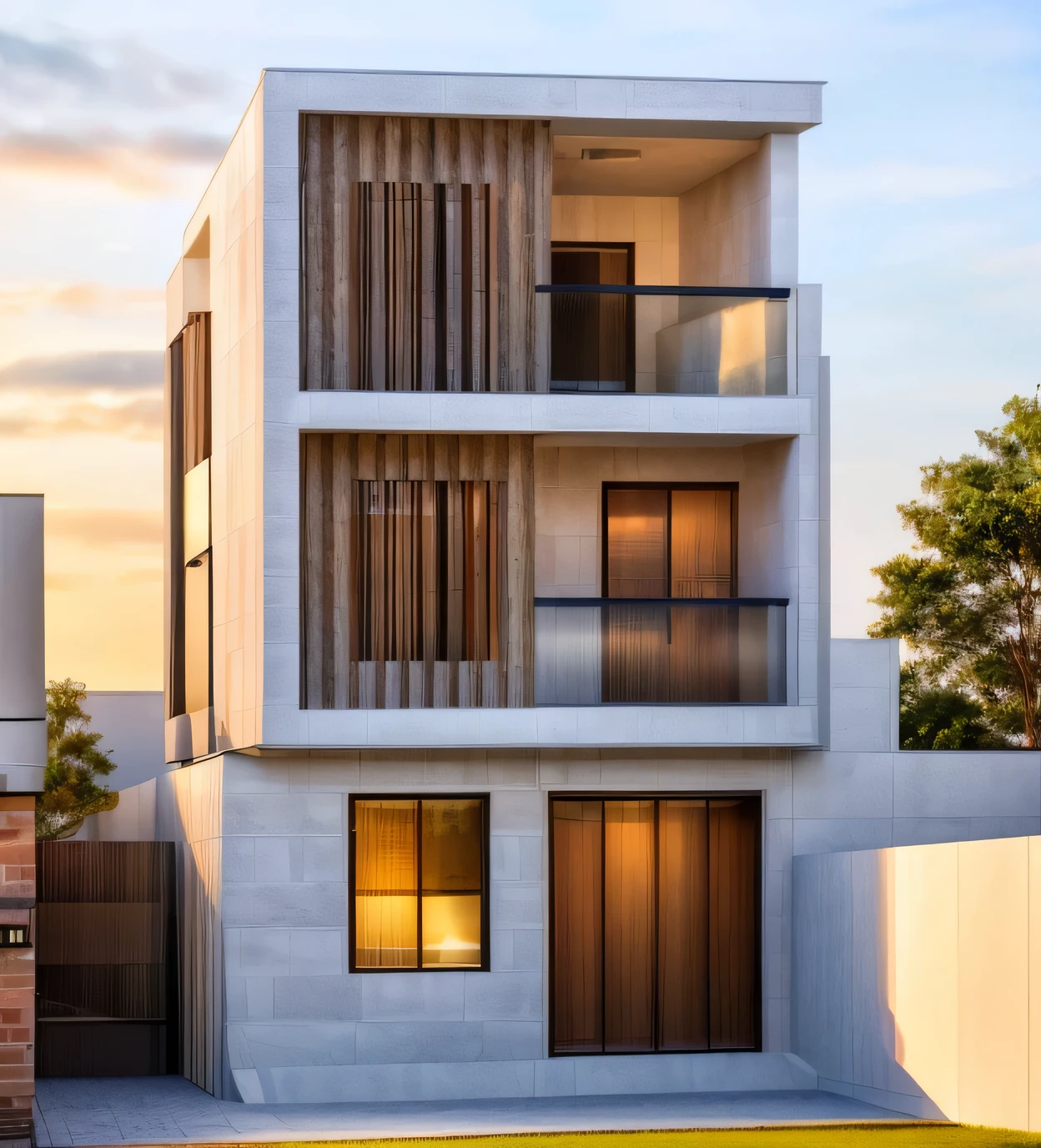 villa modernon the street, Realistic, modernvilla,woodandbrick, exterior, sunset,glass railing,architecture,wall white, tone black, RAW photo, 8k uhd, dslr, (high detailed skin:1.3), soft lighting, ultra quality, film grain, Fujifilm XT3, sharp image, best quality, authentic, hight quality,
