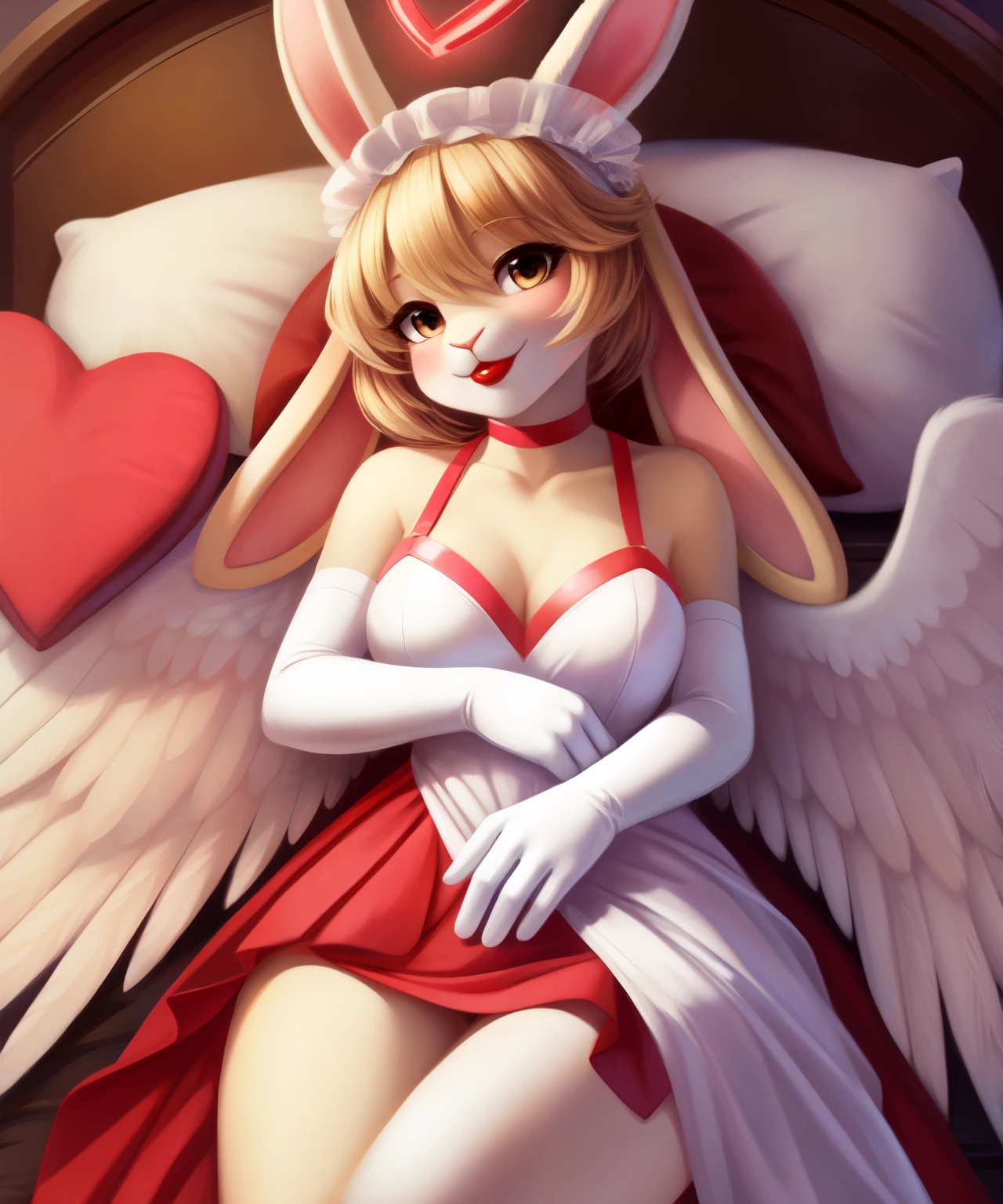 Female anthro rabbit as an angel, halo, white soft wings, red lipstick, laying down, heart pillows, red heart shaped dress, rabbit ears, white and golden long gloves, hugging you, pov