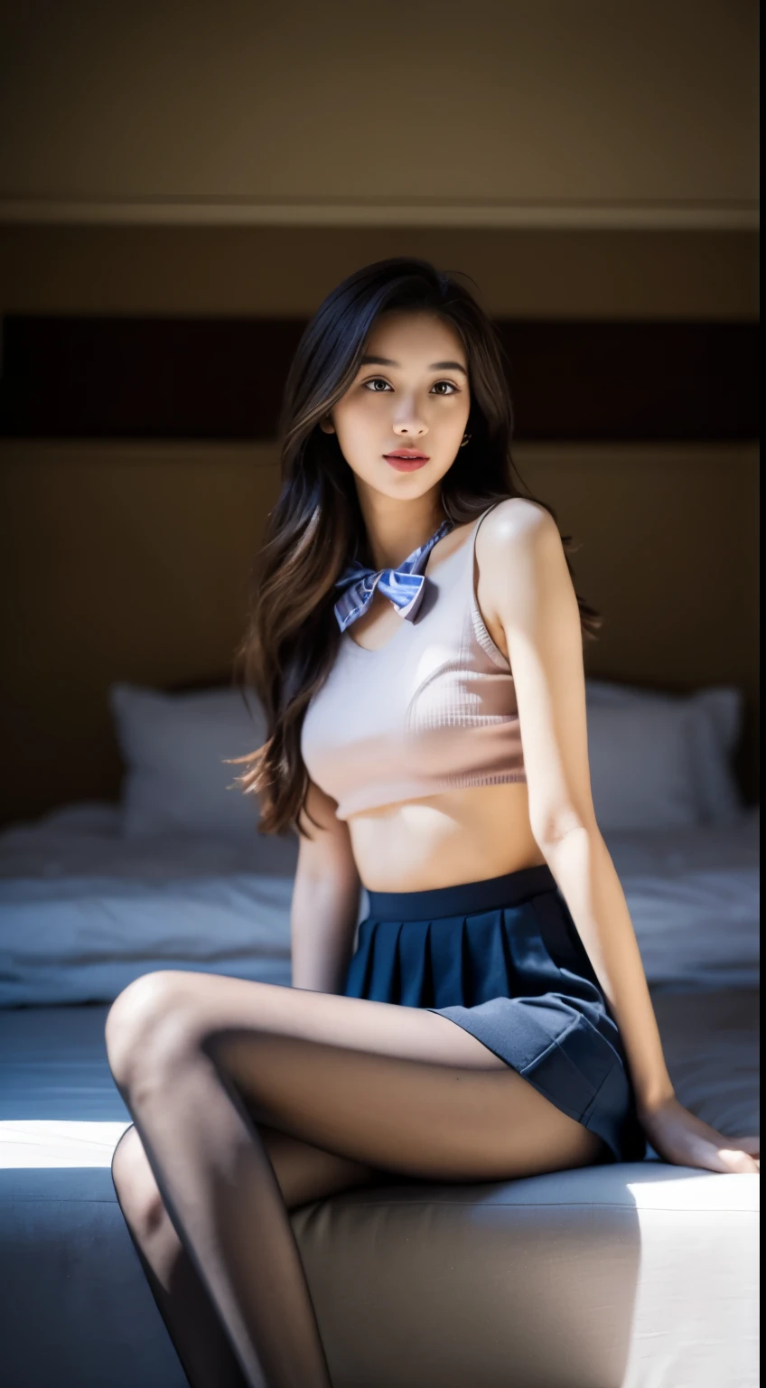 best quality， masterpiece， high resolution，8k，（realistically：1.4），超high resolution，1 girl， super detailed， Surrealism， Very detailed CG illustration， official art， Light， actual， young beautiful girl， Perfect body， Perfect body， full view， Perfect body， （start from below：1.3），  的posture， Sexy long legs， knitwear，confident， Beautiful and sexy， student ，a blue tie，bow tie， A-line pleated skirt，Polite， S-shaped body， raised buttocks，placed in a，posture，Different perspectives