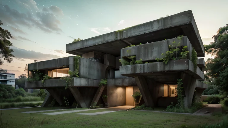This image depicts a stunning a lush, green forest. ((( there is a brutalist minimalist concrete building in the foreground ))) ,((( AT NIGHT )))