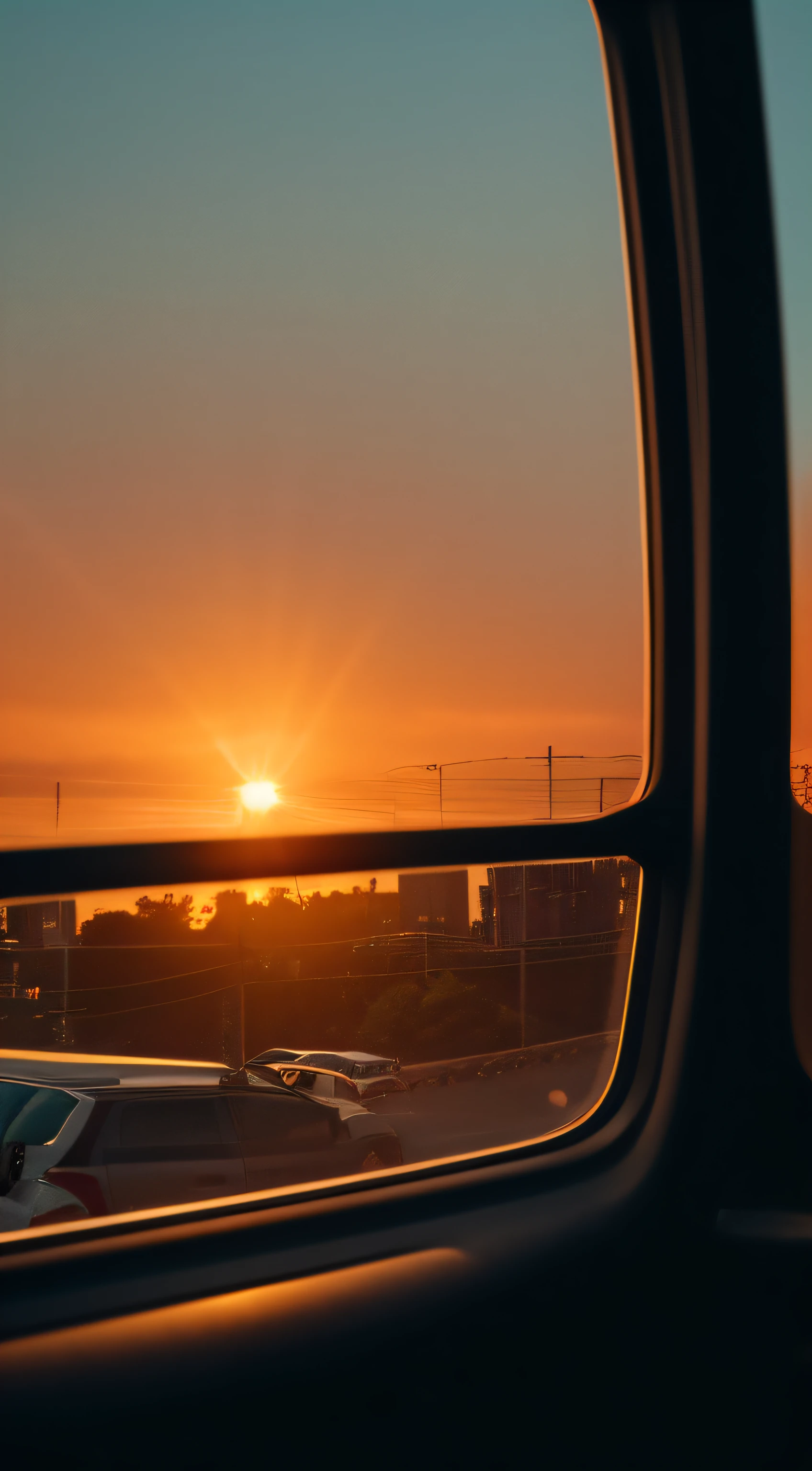 evening light，Look out from afar in the car，The picture is realistic，plethora of colors，Gorgeous and colorful，Shoot at night，positive，Urban style，hdr shot，Inside the car，Look inside the car，Sunset directly ahead，Faraway view，Blurred foreground，Ultra-clear details，Ultra photo realsisim，telephoto lenses