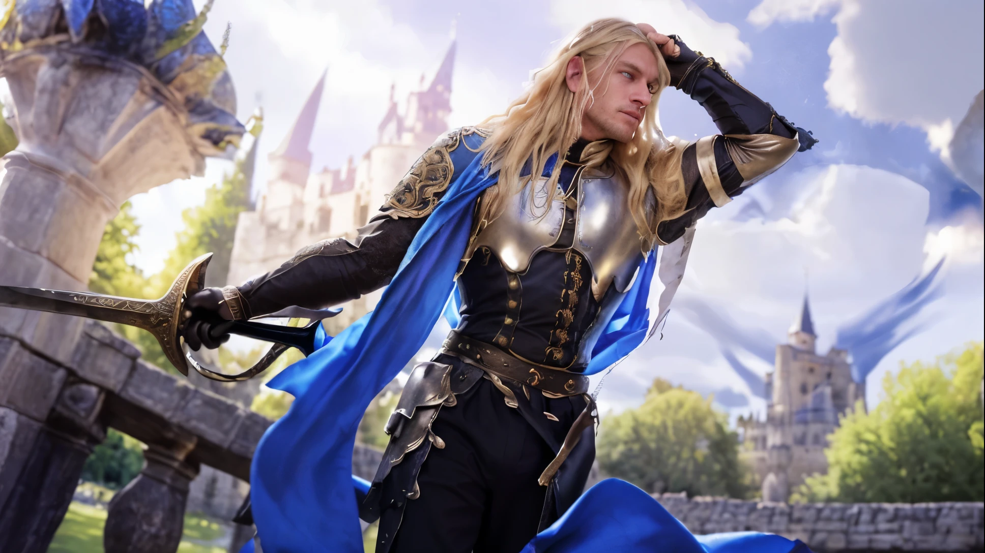 A man blonde hair dressed in medieval clothing stands outside a castle with his arms crossed. He is wearing black pants and a blue cape, along with an ornate sword on his hip. The man appears to be the main focus of the image, standing out against the backdrop of the castle.