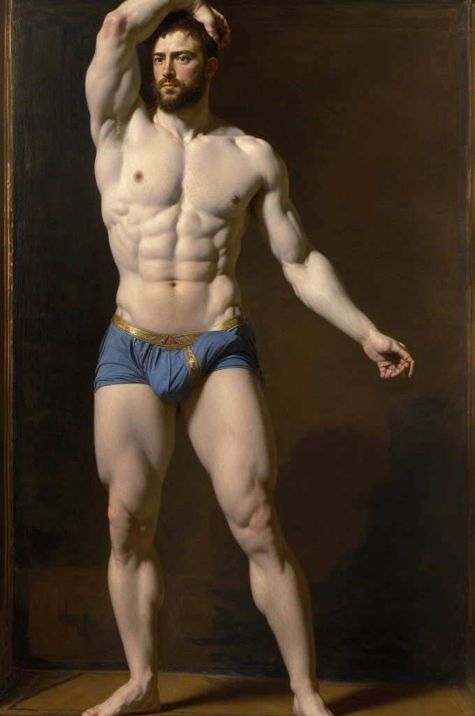 Full body, portrait, oil painting, standing pose, style of Peter Paul Rubens, ((a Male gladiator, chest, abs, slim waist)) handsome man , standing vpl, flexing, navel, shirtless, underwear, full body shot classic painting, renaissance style, perfect composition, canvas texture,