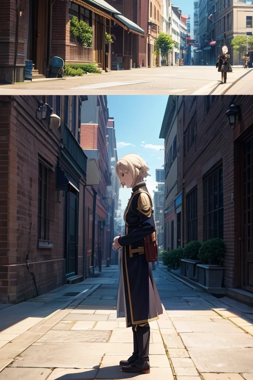 Several people were standing on the brick sidewalk next to the building, 今日精选anime still frame, Screenshots from animated movies, anime scene, the last exile anime, Animation movie screenshots, in animated movies, Screenshots from the 2012 animation, Medium shot of two characters, animation stills, Anime screenshots, anime screenshot, anime still frame
