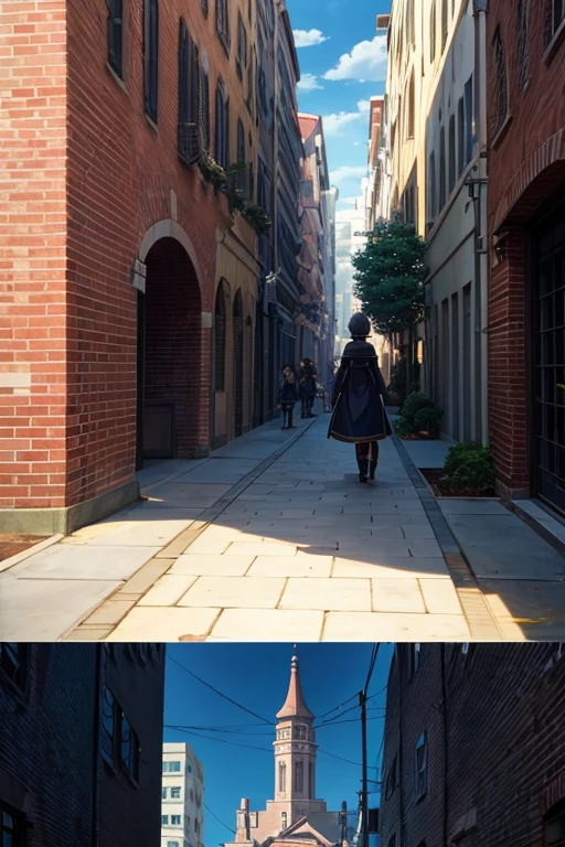 Several people were standing on the brick sidewalk next to the building, 今日精选anime still frame, Screenshots from animated movies, anime scene, the last exile anime, Animation movie screenshots, in animated movies, Screenshots from the 2012 animation, Medium shot of two characters, animation stills, Anime screenshots, anime screenshot, anime still frame