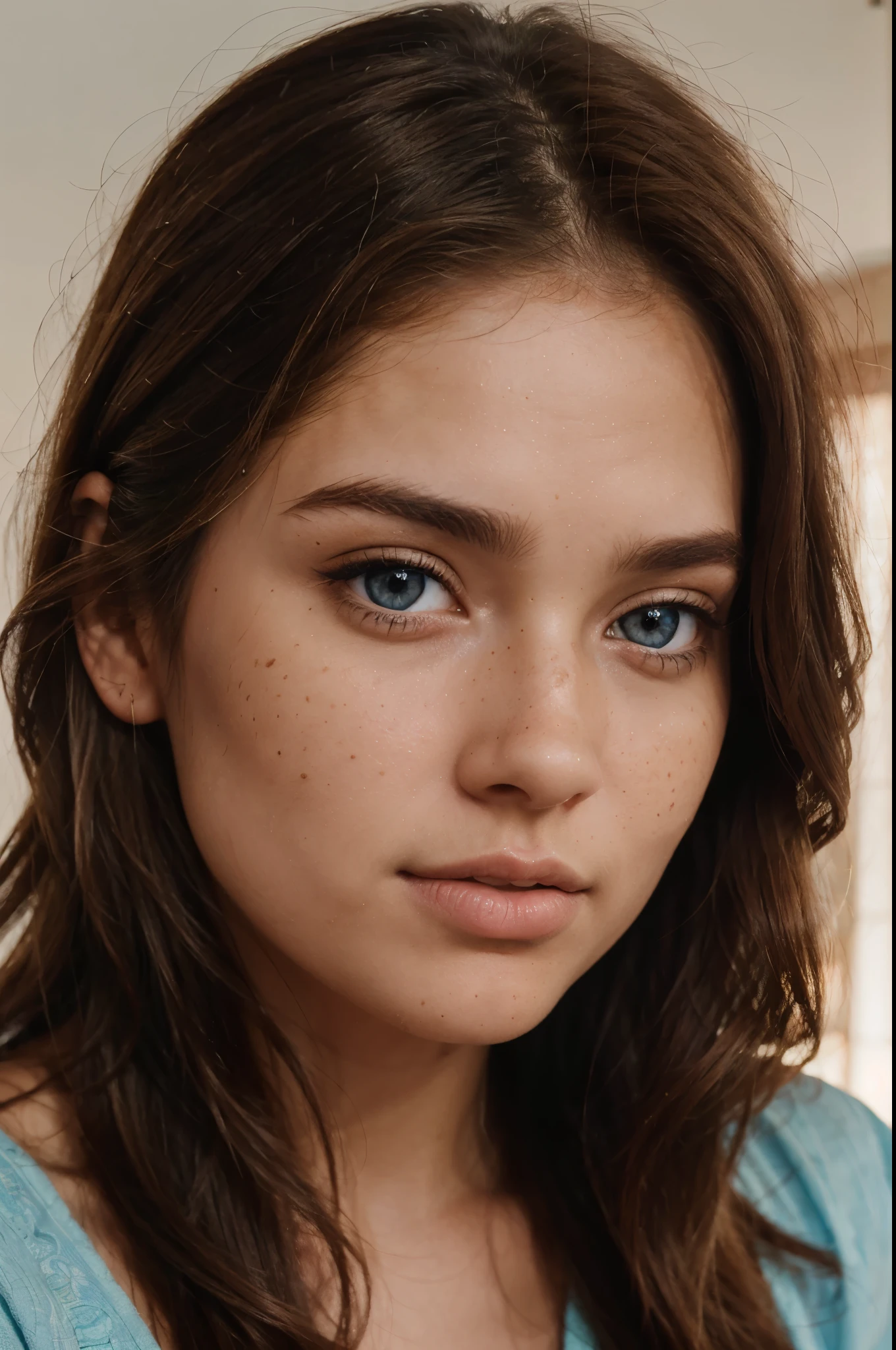 realistic portrait photo of beautiful woman with brown hair, hair roots slightly faded, Indian, influencer, light freckles, light blue eyes, no makeup, instagram, 3D, HD, real look, human look
