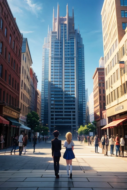 (best quality,highres),brick-paved sidewalk next to a towering building,group of people standing,handpicked anime stills,taken from an animated movie,anime scene,the grand finale of a popular anime,anime movie screenshot,in an animated film,2012 anime stills,mid-shot of two characters,anime still,anime screen capture,anime movie still