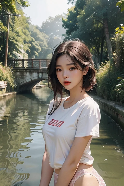 art tensor A Thai woman has a beautiful face, a prominent nose, and eyes that are suitable for the face. beautiful red lips Wear a white t-shirt and underwear. Bathing in the canal in front of the house It is a very beautiful picture. A beautiful, realistic woman with white skin, pink cheeks, cute, like a god born. The picture is clear and complete with fingerprint details. The environment is forest. The water in the canal is very clear. There were rocks scattered on the surface of the water. A thin mist rose and mixed with the surface of the water. The most beautiful in the world, the most beautiful, everyone who sees it falls in love. 
