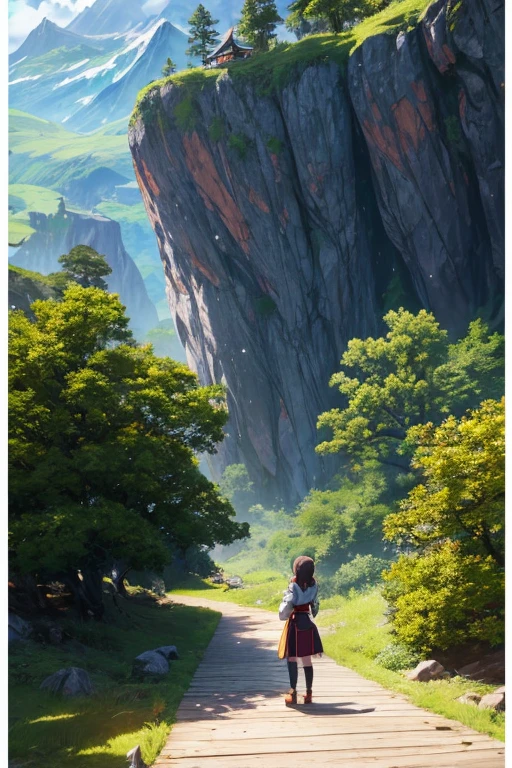 anime character standing on wooden floor in front of a mountain, anime style, foliage, popular isekai anime, SAO style anime, aromatic, isekai, still from anime series, Megumin from Konosuba, anime screenshot, anime screen capture, anime scene, anime movie screenshot,