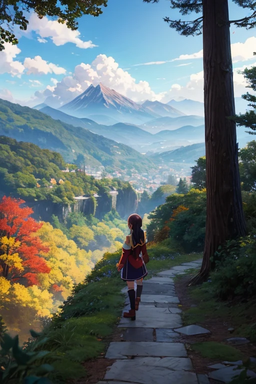 anime character standing on wooden floor in front of a mountain, anime style, foliage, popular isekai anime, SAO style anime, aromatic, isekai, still from anime series, Megumin from Konosuba, anime screenshot, anime screen capture, anime scene, anime movie screenshot,
