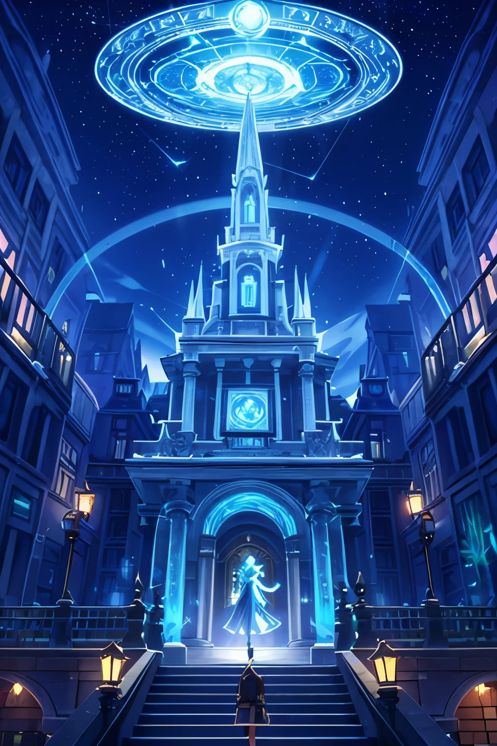 Magical Capital's esteemed magical academia, exterior architecture blending modern cyber-punk and solar-punk elements with traditional Japanese aesthetics, grand entrance gates shimmering with protective enchantments, floating spires adorned with holographic runes, intricate flying buttresses with neon-lit carvings, garden labyrinths with bioluminescent flowers, majestic entrance gates guarded by animated stone golems, floating islands supporting open-air study platforms with holographic displays, mystical archways leading to secret courtyards, tech-infused turrets housing observatories for celestial studies, grandiose library facades with magically illuminated solar windows, bridges made of intertwining vines and holographic pathways connecting different parts of the academy, ancient trees with twisting branches forming natural arches, alchemical symbols embedded in the modernized stonework, waterfalls flowing from levitating fountains with integrated solar panels, courtyards with spell-infused sculptures that come to life through holographic projections, expansive courtyards featuring interactive celestial sundials, domes crafted from enchanted glass revealing celestial phenomena and futuristic displays, shimmering pools reflecting the night sky and holographic constellations, spiral staircases adorned with magical glyphs and LED lights, floating platforms for magical creature observation with augmented reality interfaces, botanical gardens with rare and magical plants enhanced by solar-powered growth, mosaic pathways depicting scenes from ancient and futuristic spells, carved murals depicting the history of magical arts with holographic storytelling, clock towers with animated celestial mechanisms and solar-powered timekeeping, statues of legendary wizards and mythical creatures lining avenues with holographic informational displays, secret doorways leading to hidden magical gardens augmented with futuristic technology, arboretums with trees that change color wit