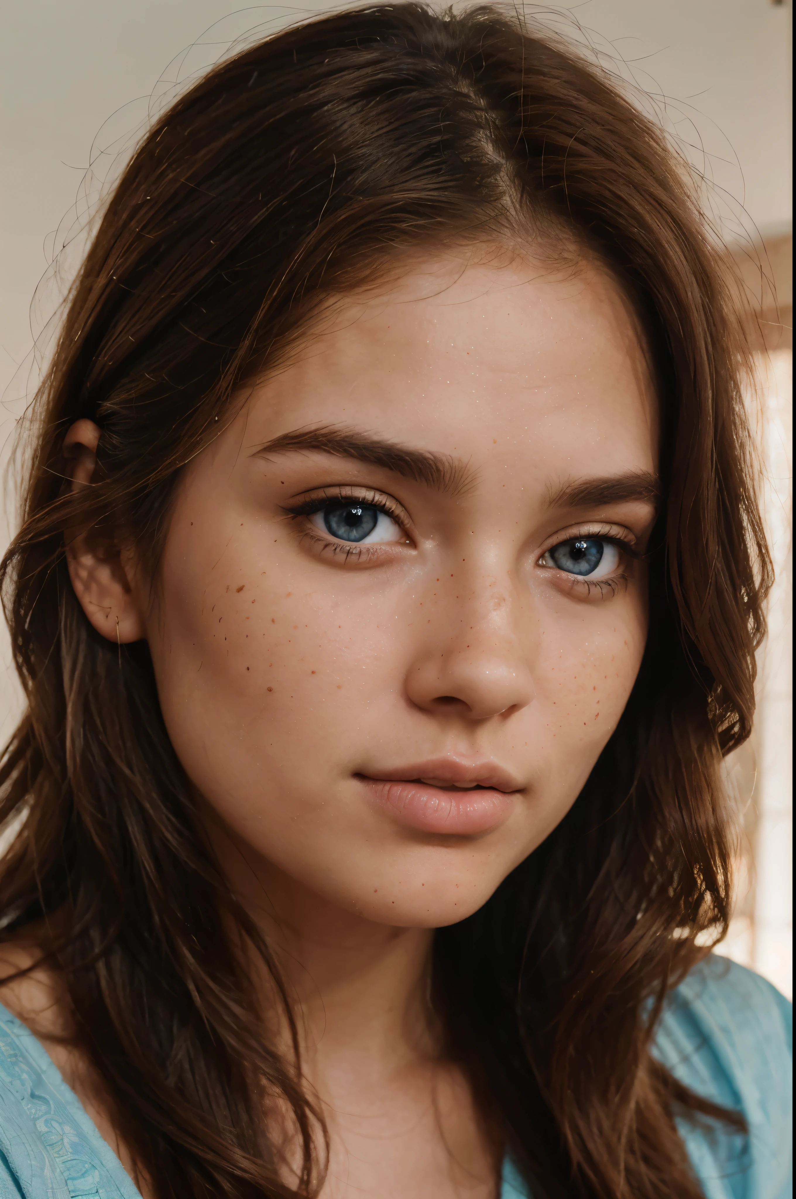 realistic portrait photo of beautiful woman with brown hair, hair roots slightly faded, Indian, influencer, light freckles, light blue eyes, no makeup, instagram, 3D, HD, real look, human look