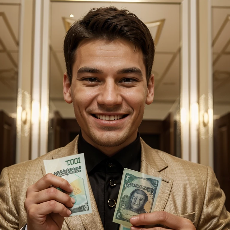 Draw a man who won a billion rubles with visible banknotes and a joyful expression on his face, inspiring as if he knew and was sure that he would be the winner!