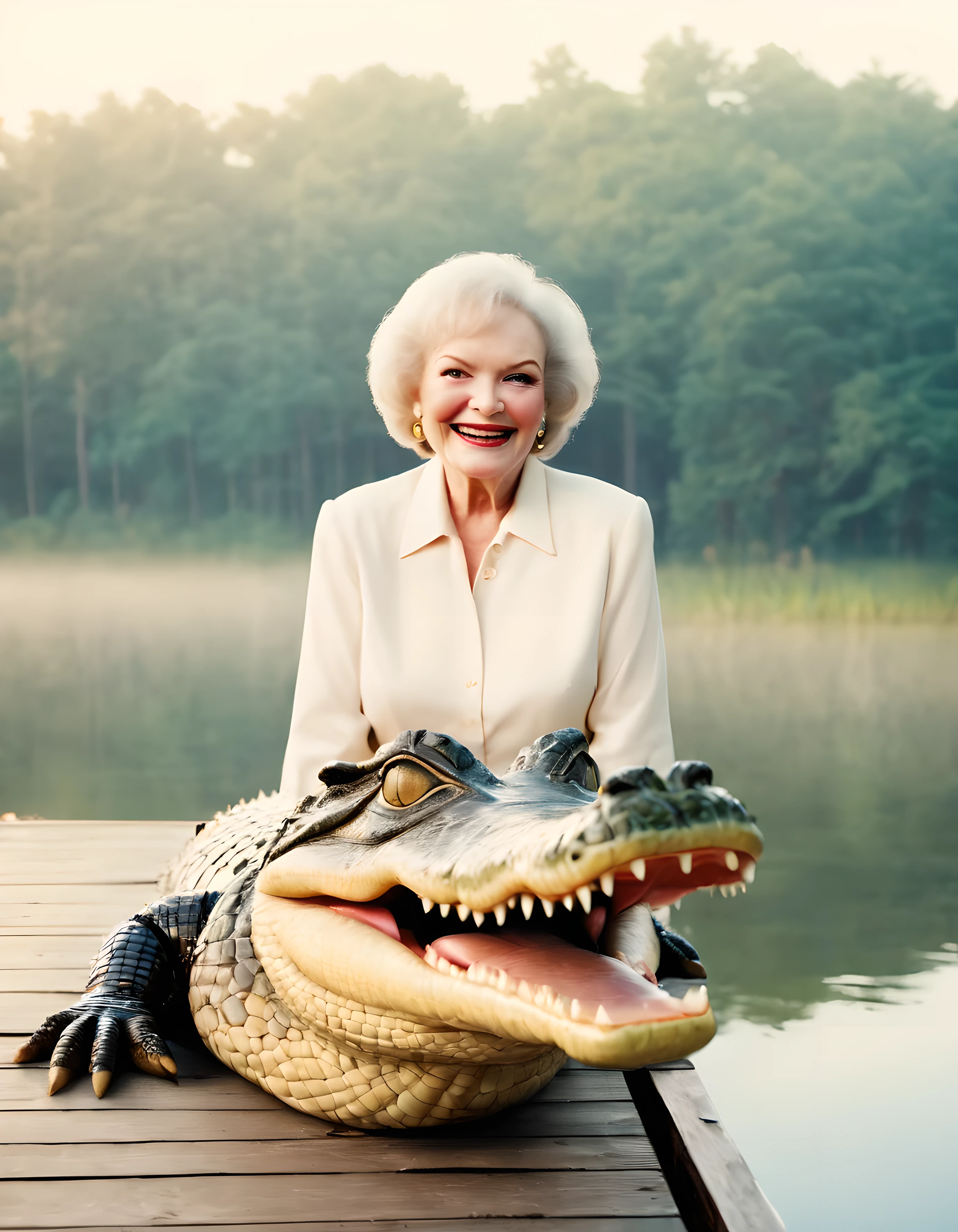 Analog photo of (Betty-white) on a dock in a lake, feeding giant Alligator, smiling, fog, mist, forest, sunset (detailed, film grain, high saturation) high quality