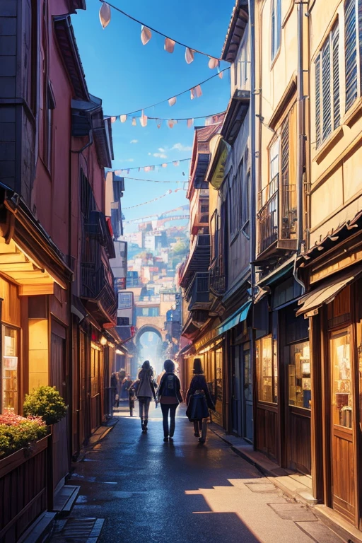 (best quality,4k,8k,highres,masterpiece:1.2),ultra-detailed,(realistic,photorealistic,photo-realistic:1.37), narrow street anime scene, several people walking on it, a girl with beautiful detailed eyes, beautiful detailed lips, extremely detailed eyes and face, long eyelashes, the narrow ancient city street behind her, anime scene, bustling magical town, small town in the background, screenshot from an animated movie, anime landscape, city center background, beautiful anime scenery, small town background, screenshot from an anime film, concept art of anime landscape, artwork of anime background, cityscape in anime style, bustling streets, vibrant colors, lively atmosphere, gentle lighting, immersive atmosphere, charming scenery.