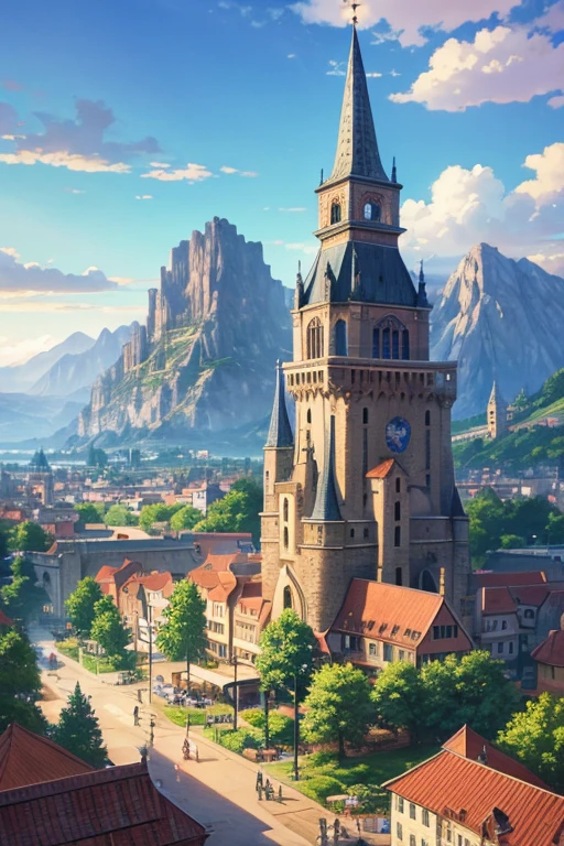 Small town cartoon scene with fountain and mountains as background, downtown background, small town background, Medieval fantasy town, Bustling magic town, town in background, Renaissance port city background, atelier lulua, anime background art, screenshot of animation, Fantasy town setting, anime scenery, anime rural scenery, 美丽的anime scenery