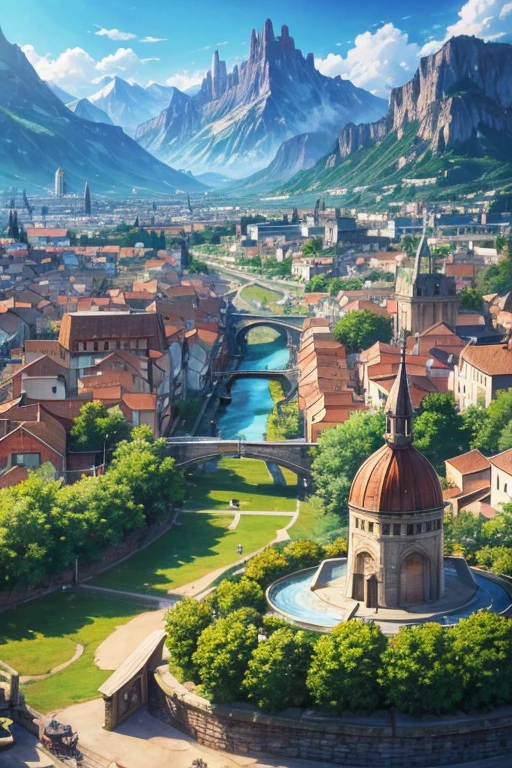 Small town cartoon scene with fountain and mountains as background, downtown background, small town background, Medieval fantasy town, Bustling magic town, town in background, Renaissance port city background, atelier lulua, anime background art, screenshot of animation, Fantasy town setting, anime scenery, anime rural scenery, 美丽的anime scenery