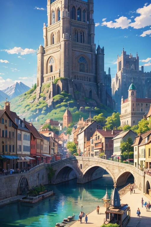 Small town cartoon scene with fountain and mountains as background, downtown background, small town background, Medieval fantasy town, Bustling magic town, town in background, Renaissance port city background, atelier lulua, anime background art, screenshot of animation, Fantasy town setting, anime scenery, anime rural scenery, 美丽的anime scenery