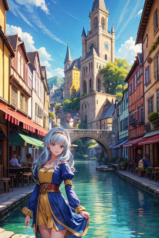 (best quality,4k,8k,highres,masterpiece:1.2),ultra-detailed,(realistic,photorealistic,photo-realistic:1.37),beautiful detailed eyes,beautiful detailed lips,extremely detailed eyes and face,longeyelashes,a girl,a town,a fountain,mountains,cartoonish,small town,medieval fantasy town,bustling magical town,background town,Renaissance port city background,Lucia's workshop,anime background art,screenshot from an animated movie,fantasy town setting,anime scenery,anime countryside scenery,beautiful anime scenery,scenic background,anime-style buildings,dreamy colors,soft sunlight,French countryside style,anime market scene,people strolling on streets,authentic European architecture,traditional market stalls,cheerful atmosphere,peaceful vibes,fantasy elements blended in, vibrant colors,cozy cafes and shops,flowelled balconies,flowing water in the fountain