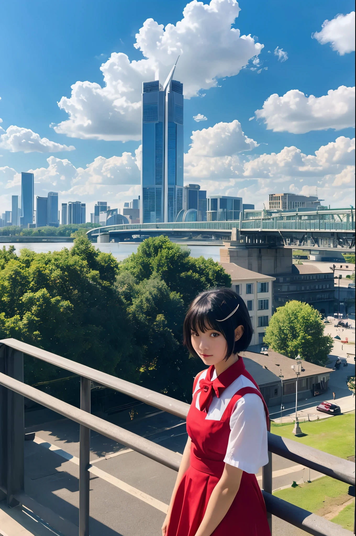 1girl,bangs,black_hair,blue_sky,bridge,building,castle,city,cityscape,cloud,day,dress,looking_at_viewer,outdoors,red_neckwear,red_ribbon,ribbon,river,short_hair,short_sleeves,sky,skyscraper,solo,standing,town,water,(masterpiece,anime,newest,new,exceptional:1.2),