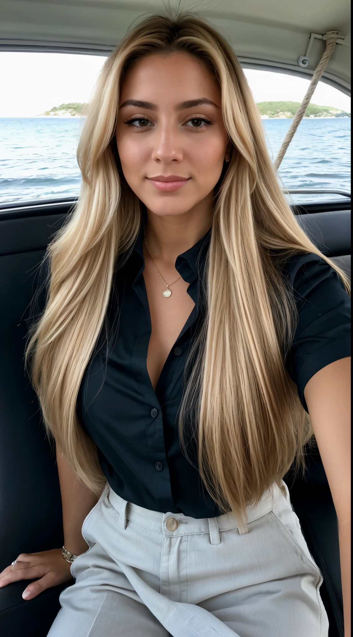 A 23-year-old blonde woman, ((pechos grandes)), ((hiperrealismo)) ,. blonde hair with light brown roots. cabello rubio, Hair with brown roots, cabello extra largo, cabello muy largo, really long hair, Beautiful, Front view, selfie, photo taken with iPhone, elegant black shirt with escote, escotada, selfie on a yatch, high quality, selfie iPhone, cleavage