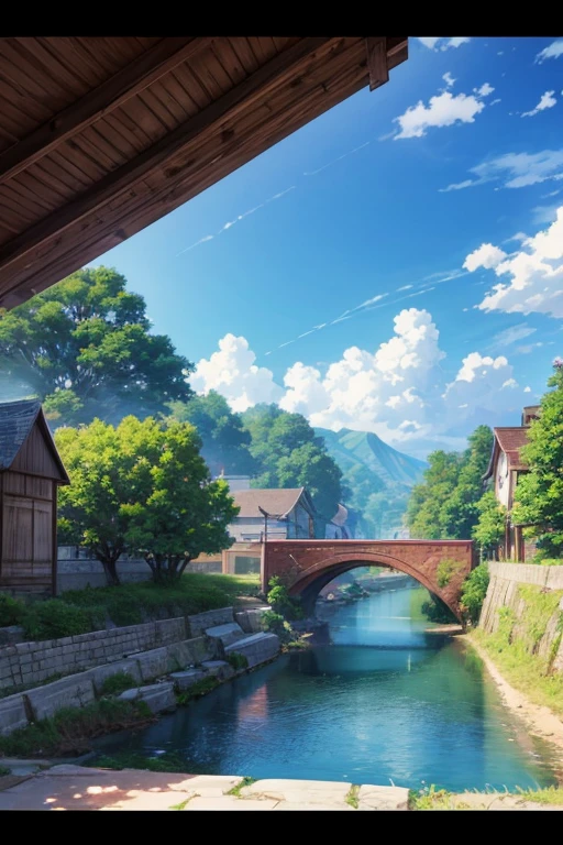 Animated scene of a small town with a river bridge, anime rural scenery, beautiful anime scenes, anime background艺术, screenshot of animation, anime scenery概念艺术, Anime beautiful peaceful scene, beautiful anime scenery, art style of rune factory 5, anime scenery, rune factory 5, anime scene, small town background, anime background, summer afternoon, background art