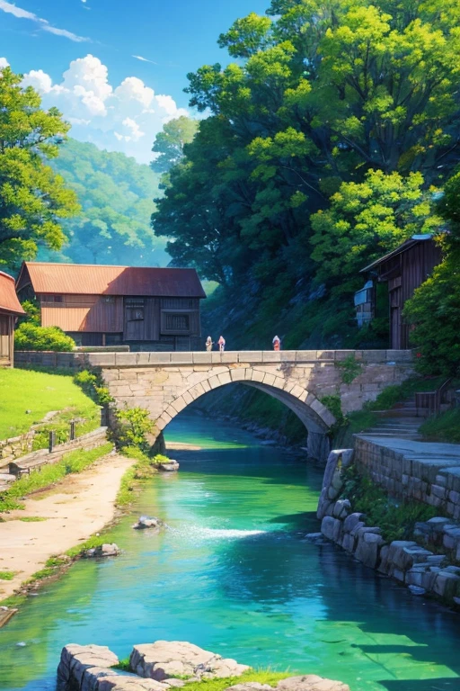 Animated scene of a small town with a river bridge, anime rural scenery, beautiful anime scenes, anime background艺术, screenshot of animation, anime scenery概念艺术, Anime beautiful peaceful scene, beautiful anime scenery, art style of rune factory 5, anime scenery, rune factory 5, anime scene, small town background, anime background, summer afternoon, background art