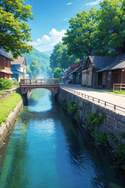 Animated scene of a small town with a river bridge, anime rural scenery, beautiful anime scenes, anime background艺术, screenshot of animation, anime scenery概念艺术, Anime beautiful peaceful scene, beautiful anime scenery, art style of rune factory 5, anime scenery, rune factory 5, anime scene, small town background, anime background, summer afternoon, background art