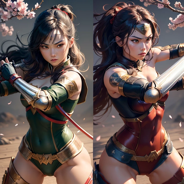 (Best quality, masterpiece: 1.2), Portrait, Wonder Woman Ronin Samurai, Outdoors, A 30-year-old warrior in a green leotard and samurai armor: 1.5, Detailed muscle definition: 1.5, Red and gold emblem on chest: 1.5, Dark background with cherry blossoms in bloom: 1.3,
(Same character, different angle, different lighting: 1.5), Side profile with katana sword in hand: 1.5, Detailed skin texture and pores: 1.5,
(Three action poses: 1.5), A detailed full