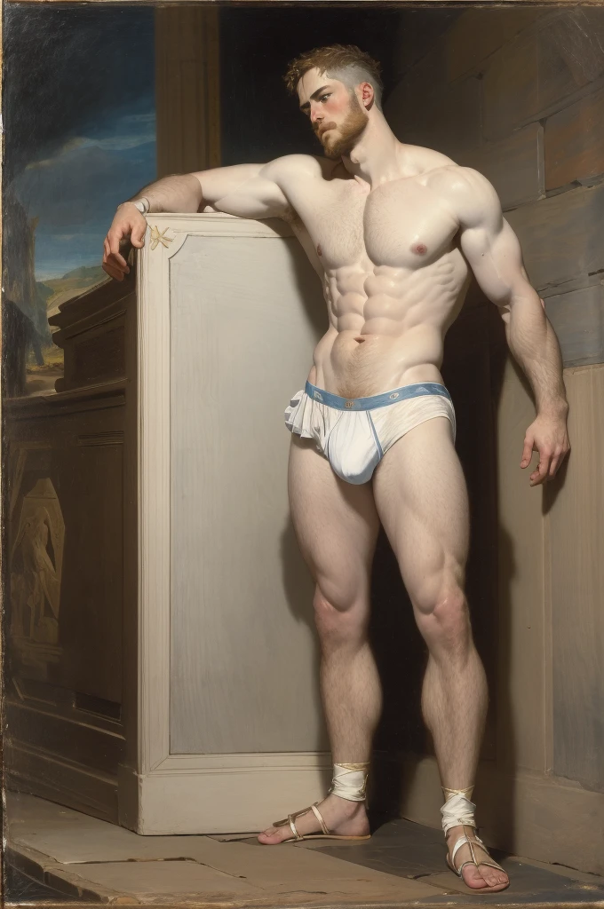 Full body, portrait, oil painting, standing pose, style of Peter Paul Rubens, ((a Male gladiator, chest, abs, slim waist)) handsome man , standing, vpl, flexing, navel, shirtless, white underwear, full body shot classic painting, renaissance style, perfect composition, canvas texture,