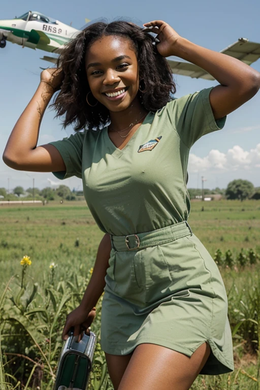 pretty african girl in 18 years smiling in green fields with airplane in the background