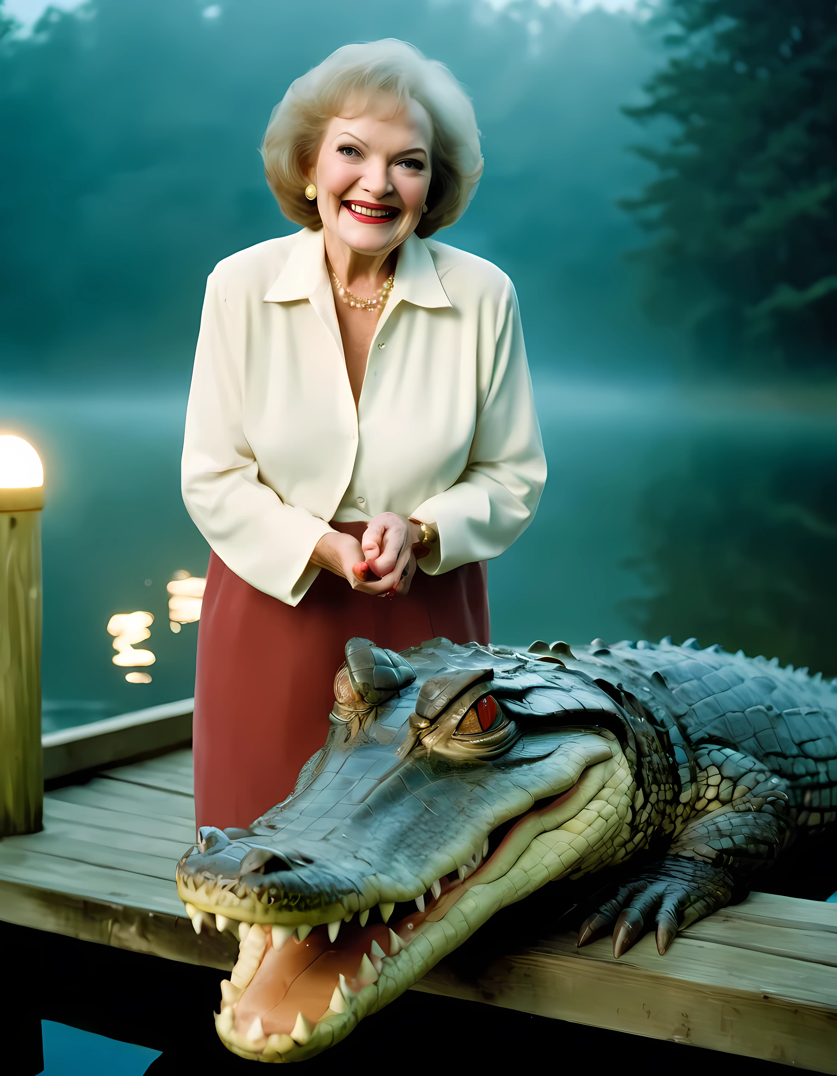 Analog photo of (Betty-white) on a dock in a lake, feeding giant Alligator, smiling, fog, mist, forest, nighttime, flash (detailed, film grain, high saturation) high quality