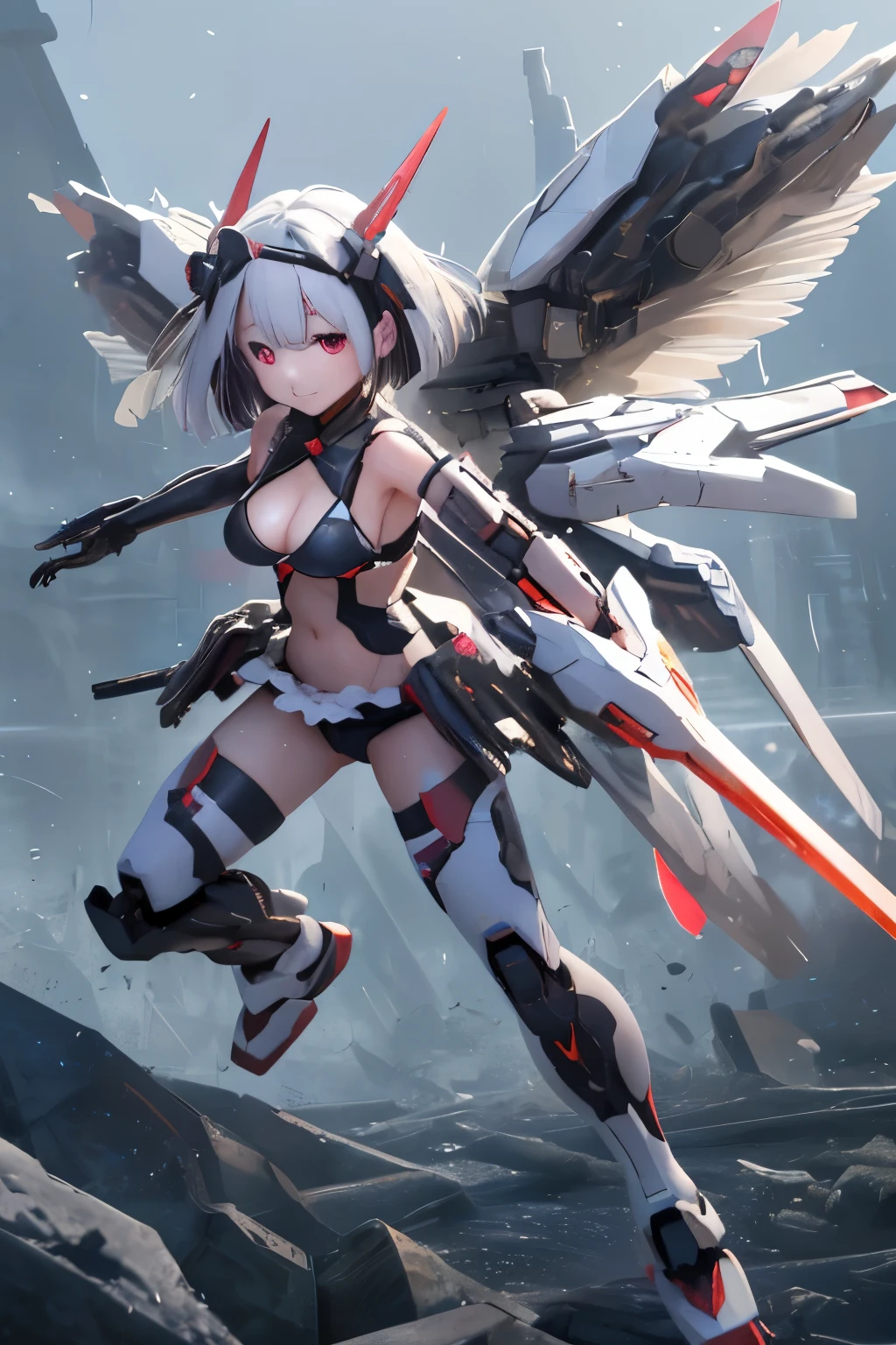 {(japanese young girl)}, (She is fused with futuristic Gundam mecha:1.2), with headgear, with v-fin , ((unarmored cleavage)), ((unarmored stomach)), ((unarmored upper arms)), ((unarmored face)), (unarmored hands), (unarmored waist), ((unarmored thighs)), (unarmored ankles), japanese girl wear light blue and white striped pantie under armor, full body:1.5, ,destroyed city background, multilayer textureperfect proportions, octane rendering, duotone lighting, Low ISO, wide aperture, White balance, Rule of thirds, ultra HD16k, HDR (High Dynamic Range), Ray Tracing, NVIDIA RTX, Super Resolution, Subsurface Scattering, PBR Texturing, Post Processing, Anisotropic Filtering, Depth of Field, Maximum Clarity and Clarity, High efficiency subpixel, subpixel convolution, particles of light, light scattered, Tyndall effect, full body:1.5, battle pose, cute, (cute:1.2), (bob cut:1.3),三つ編み, 黒髪, 太い眉毛, 薄い色の虹彩, 大きくて輝いている黒い瞳, 長いまつげ, 小さく薄い色の自然な唇, (Average face of Japanese idols), (日本人特有の童顔:1.3), (), 広いおでこ:1.2, ふっくらした頬, 小さな顎, visible side boob, (mechanical wings), holding weapon,holding huge weapon, holding Very large shield, , asymmetric body,looking at viewer,Focus on the eyes,with sleek and menacing design, (完璧な4本の指, 親指1本),