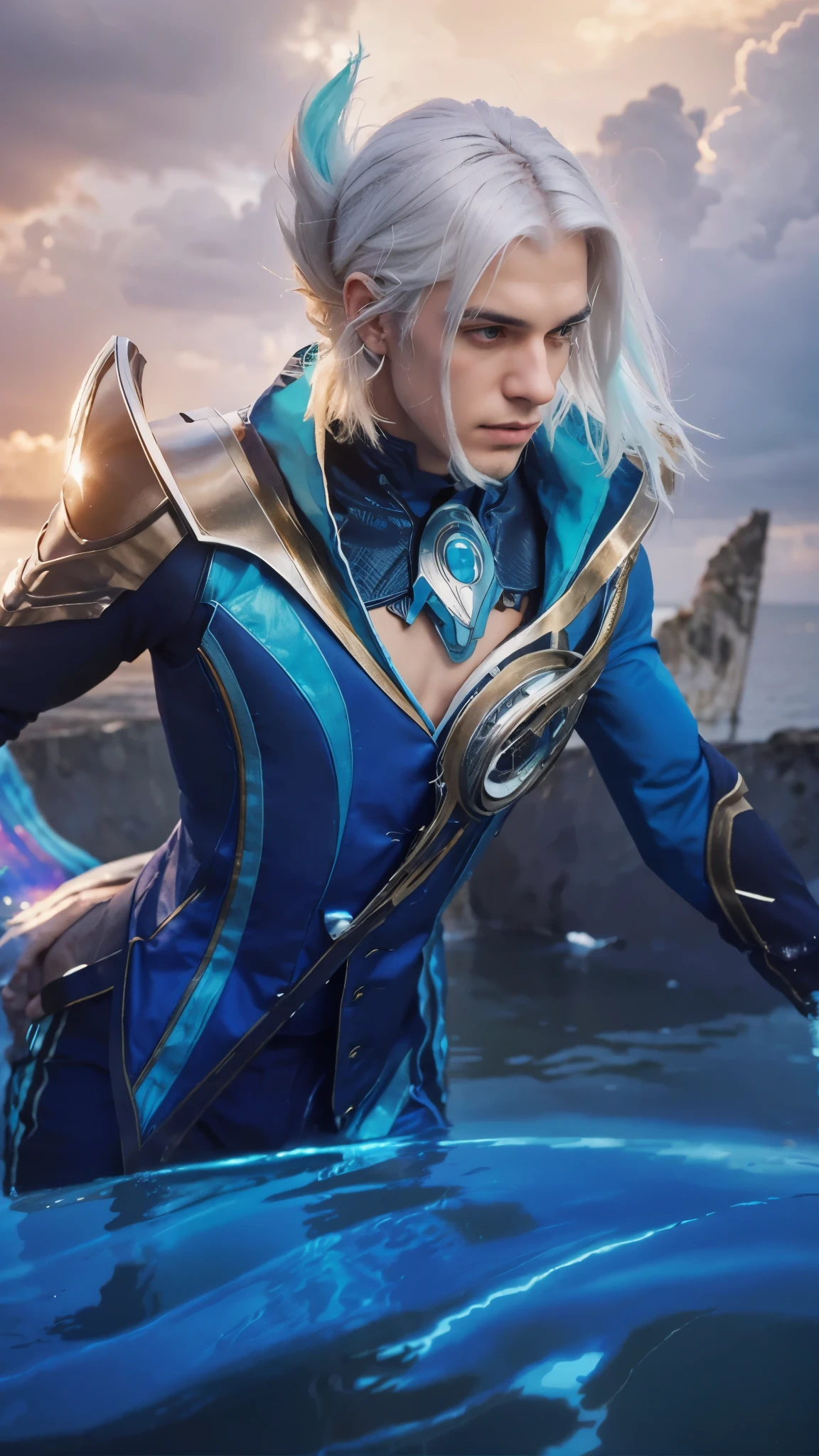 The image features a man with white hair, wearing blue clothing and standing next to a body of water. he appears to be looking into the distance as he stands on the edge of the water. The scene is set against a backdrop of clouds, giving it an artistic and dreamy atmosphere.