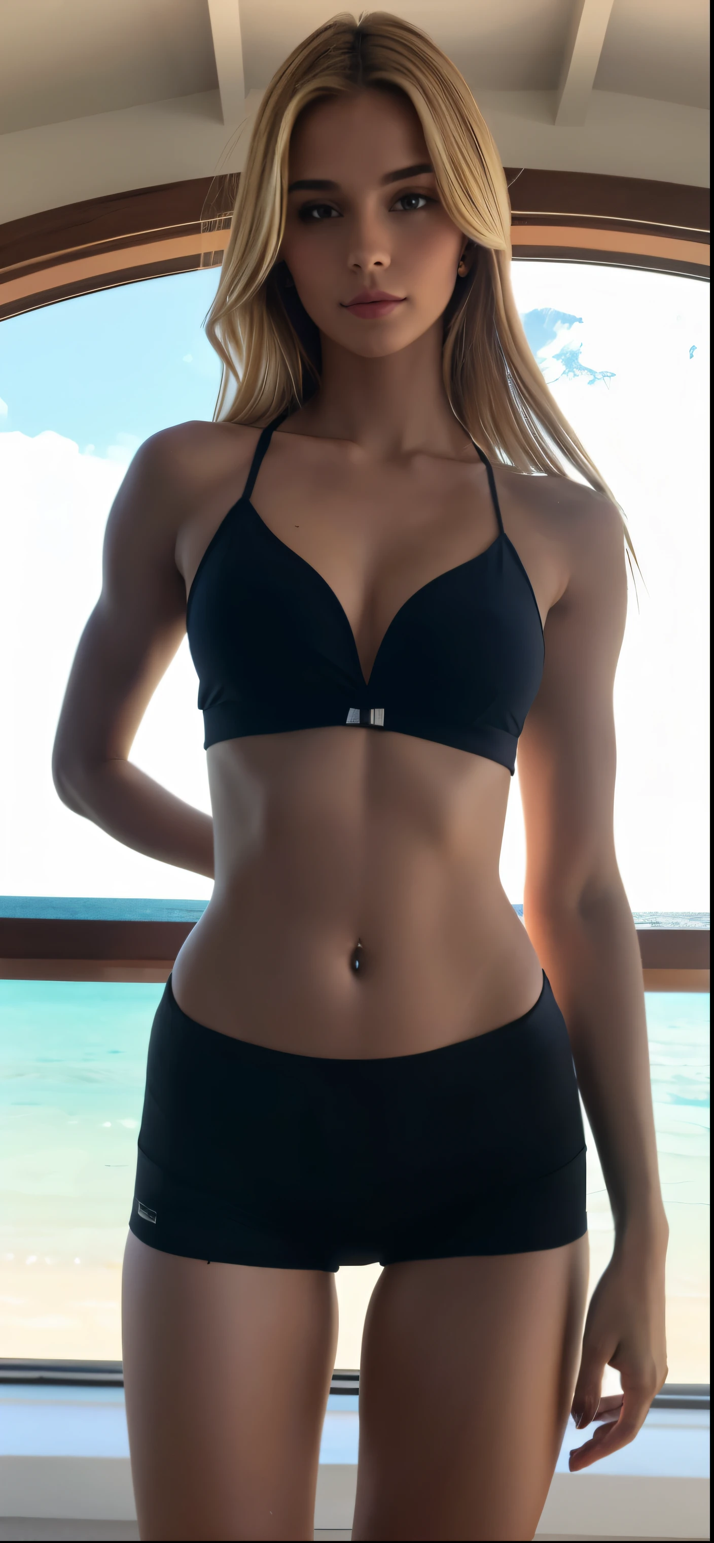 blond, um close up de uma mulher de camisa preta e bermuda, her navel is exposed, umbigo mostrando, tinyest midriff ever, foto fit, peito achatado, Bonito midriff, Camisa de corte e abdominais fortes, cintura fina, tiny waist, recorte de meio corpo, umbigo perfurado, 2 Modelo feminina de 4 anos, no brand