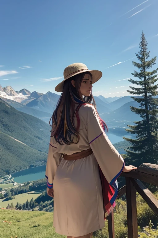 femme brune, cheveux longs, robe longue multicolore, tenant dans sa main un chapeau, debout devant un paysage de montagnes.